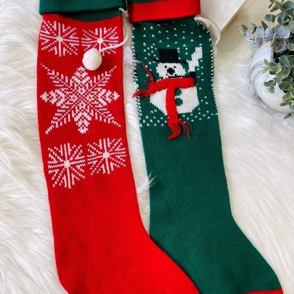 3/$25 Knit with Pom poms CHRISTMAS STOCKINGS set of 2 snowman snowflake HOLIDAY - Picture 5 of 6